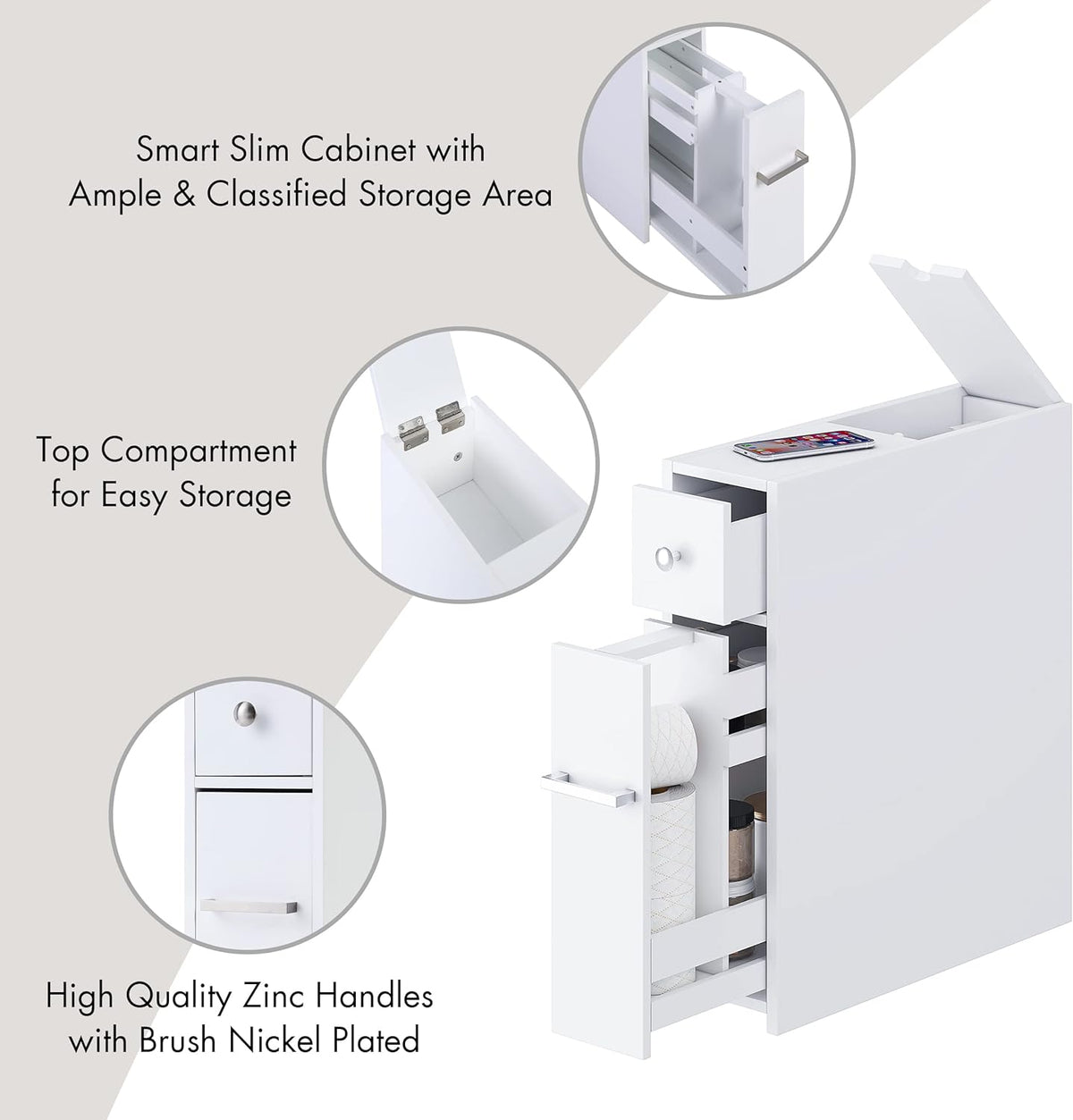 Spirich Slim Bathroom Storage Cabinet with Toilet Paper Holder, White