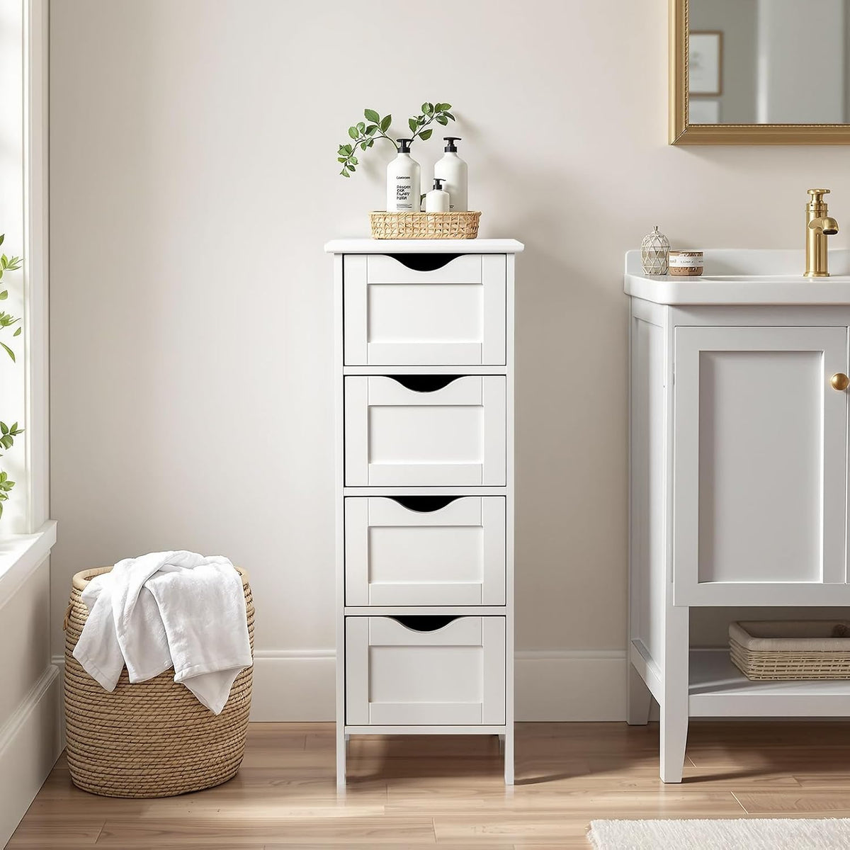 Bonnlo Skinny Bathroom Floor Storage Cabinet,White 12 Inch Wide Deep Small Storage Organizer with 4 Drawers, Wooden Modern Thin Free Standing Tower Cabinet w/ 4 Cute Drawers for Bathroom, Living Room