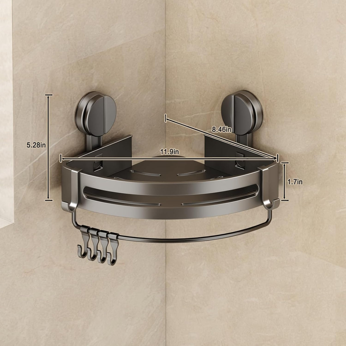 VOLPONE Corner Shower Caddy Suction Cup, 2 Pack Shower Shelves No Drilling, Showers Organizer Storage with Towel Bar & Removable Hooks, Bathroom Shower Shelf Rack for Inside Showers