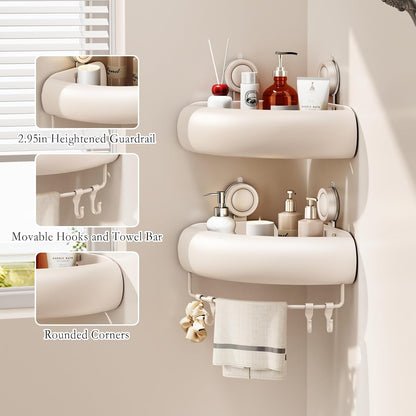 CICUFY Shower Caddy Suction Cup, 2 Pack No Drilling Corner Shower Shelves, Rust Proof Bathroom Storage Organizer, Shower Corner Caddy with Removable Hooks and Towel Bar, Triangle, Cream