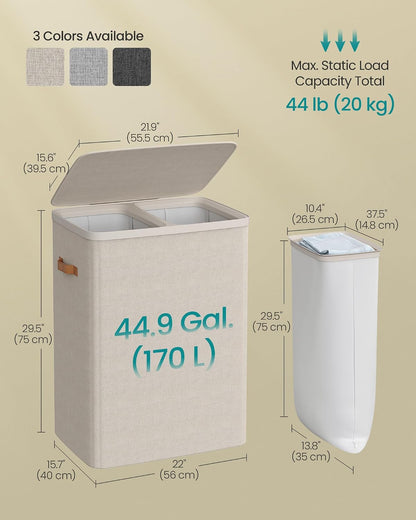 SONGMICS Laundry Basket, 170L Laundry Hamper with Lid, 2 Removable Bags