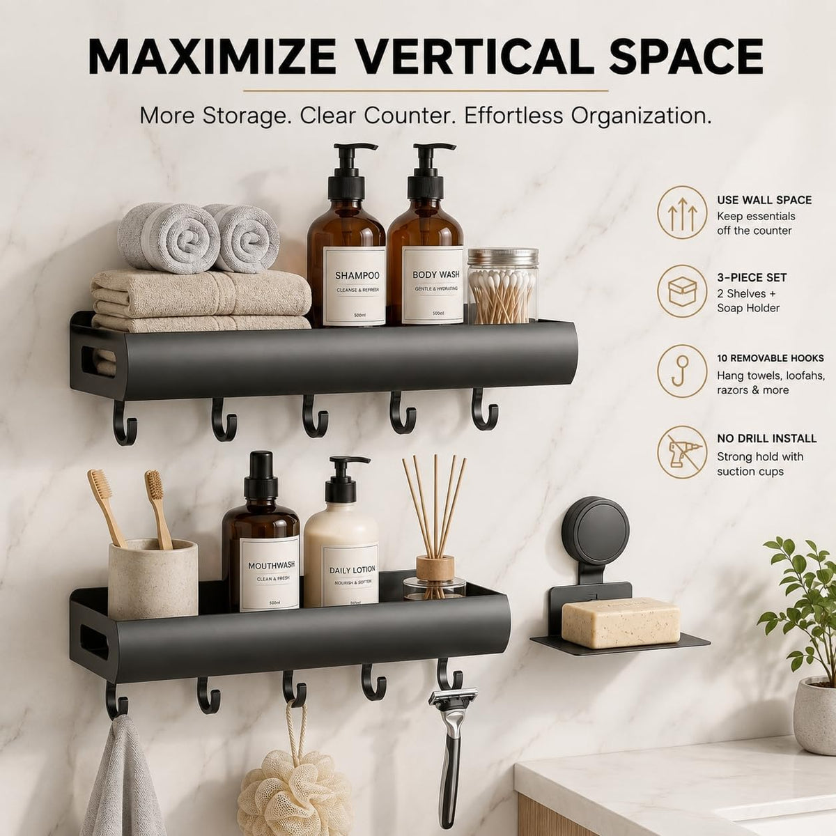 Adhesive Shower Shelf, 3 Pack Suction Cup Shower Caddy with Hooks, Black