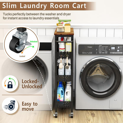 Slim Storage Cart with Wheels, 4 Tier Metal Rolling Organizer with Wood Top and Handle, Narrow Utility Shelf for Kitchen Bathroom Laundry Room, Black