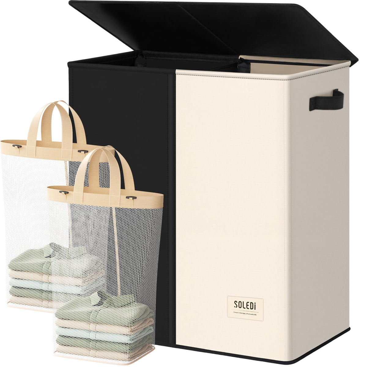 SOLEDI Luxury Double Laundry Hamper with Lid and Removable Bags, 38.3 Gal Large Laundry Bin, Laundry Basket 2 Sections, Collapsible Clothes Hamper for Bedroom, Laundry Room, Bathroom, Off-white