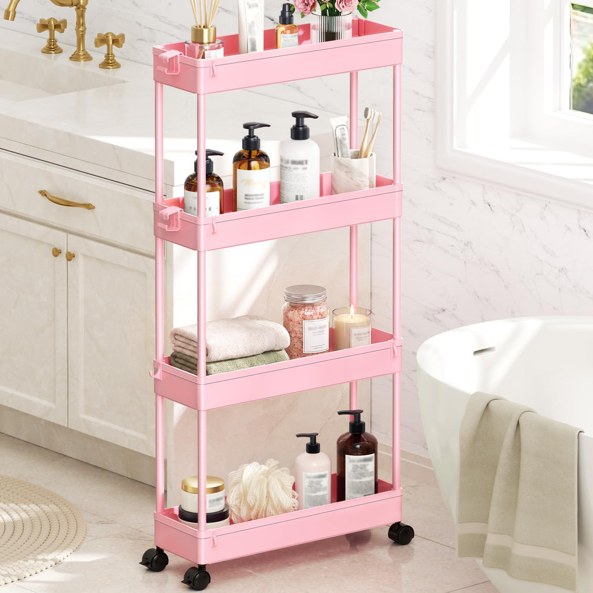 SPACEKEEPER Slim Rolling Storage Cart, 4 Tier Bathroom Cart Organizer,White