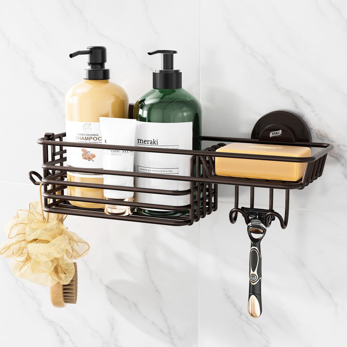 TAILI Shower Caddy Suction Cup with Hooks and Soap holder, Black