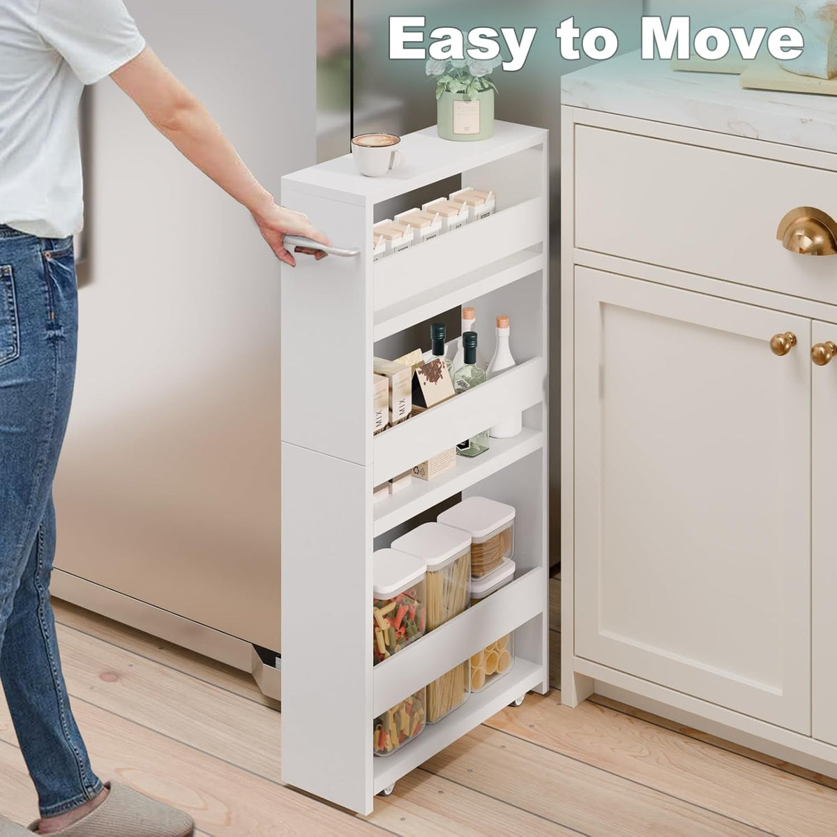 MARTY Slim Rolling Storage Cart, Wood Utility Kitchen Bathroom Laundry Cart