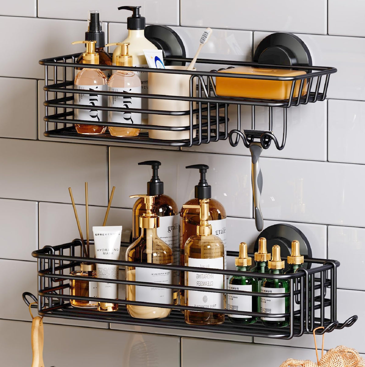 TAILI Shower Caddy Suction Cup 2 Pack with Hooks & Soap Holder, Heavy Duty Shower Organizer for Bathroom, No Drilling Bathroom Organizer with Large Capacity, Metal Storage Holder-Grey