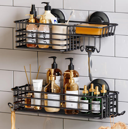 TAILI Shower Caddy Suction Cup 2 Pack with Hooks & Soap Holder, Heavy Duty Shower Organizer for Bathroom, No Drilling Bathroom Organizer with Large Capacity, Metal Storage Holder-Grey