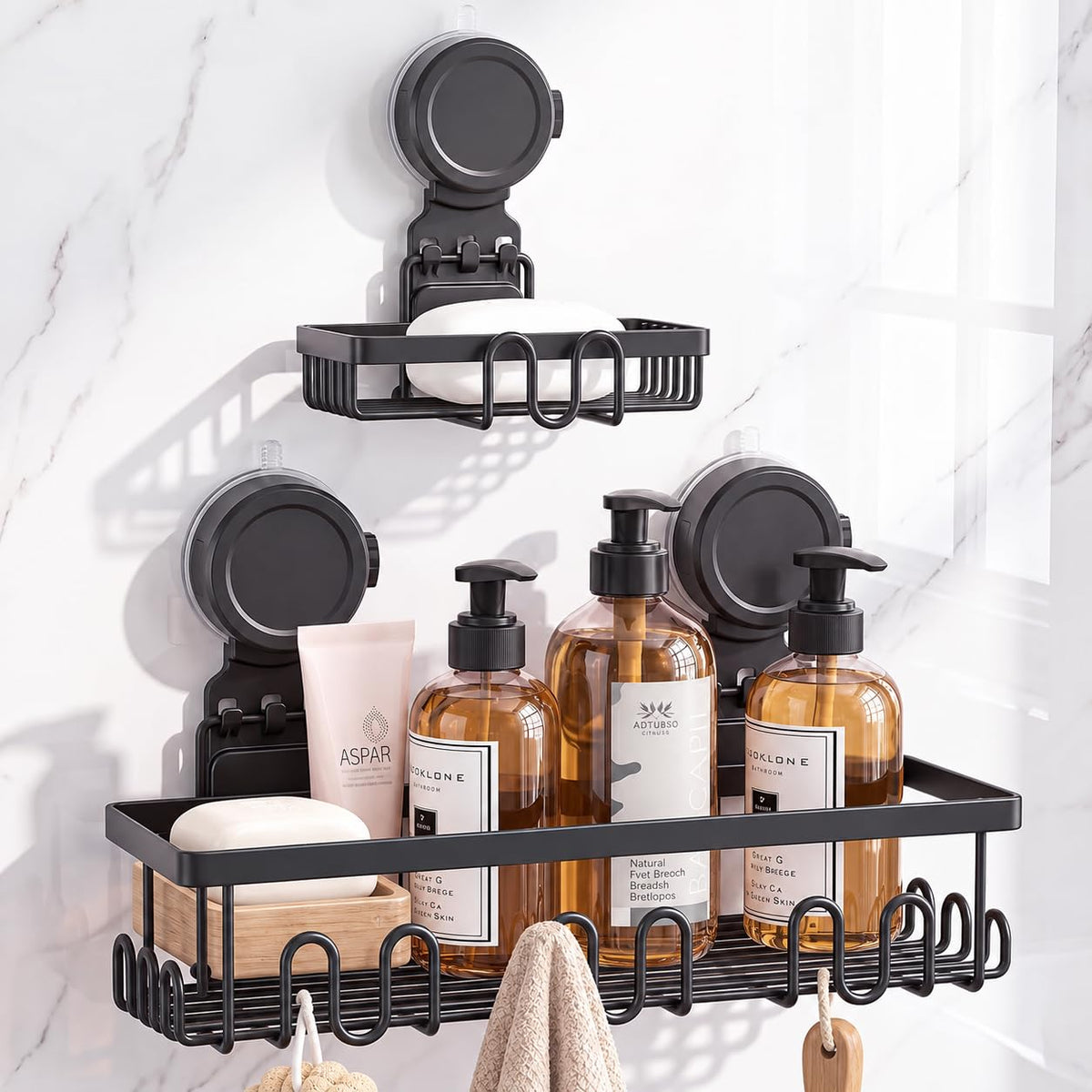 JOTPE Shower Caddy Suction Cup, No Drill Shower Shelves for Bath, 2 Pack