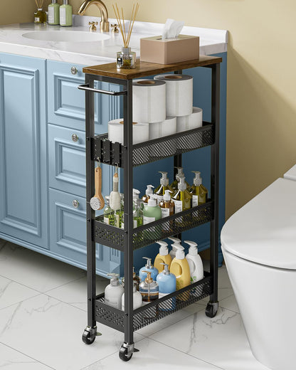Giwil Slim Rolling Storage Cart 4 Tier Bathroom Organizer Mobile Shelving Unit Utility Cart with Wood Top and Handle for Kitchen Laundry Narrow Places, White