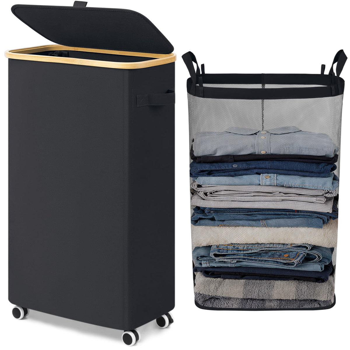 Goodpick 100L Large Rolling Laundry Basket with Wheels and Lid, Black