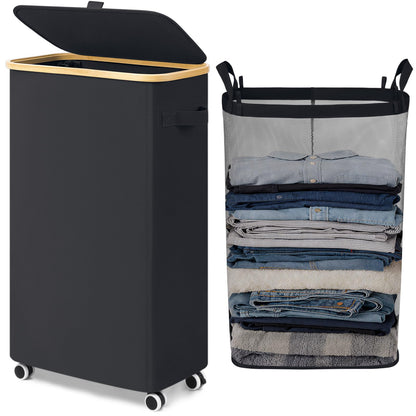 Goodpick 100L Large Rolling Laundry Basket with Wheels and Lid, Black