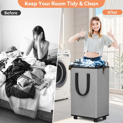SpaceTrove Rolling Laundry Basket with Wheels, Laundry Hamper, 80L, Grey