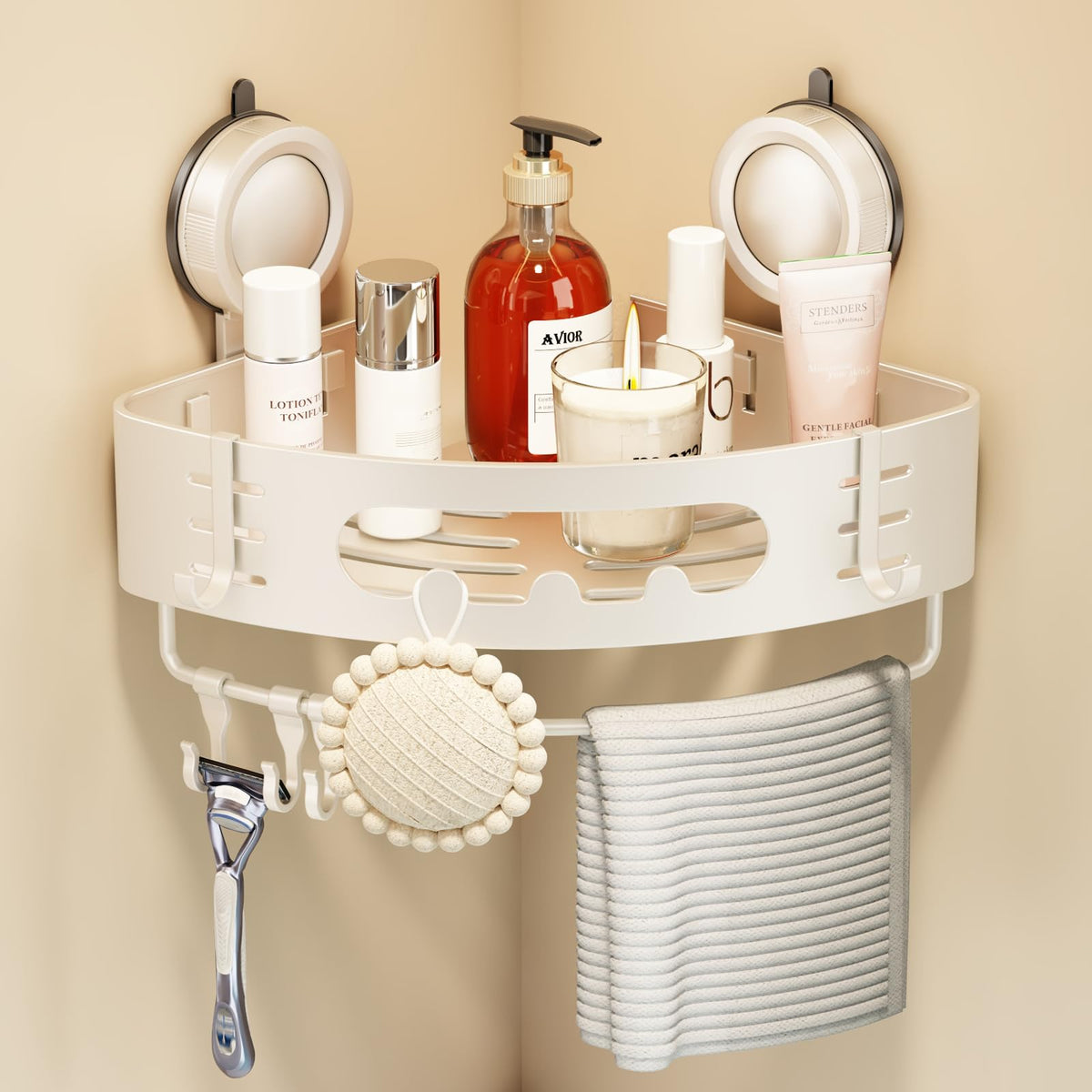 Voldra Corner Shower Caddy Suction Cup, Aluminum Corner Shower Shelves for Wall No Drilling, Large Suction Cup Shower Organizer with Towel Bar & Hooks Removable Bathroom Storage(2 Pack-Cream White)