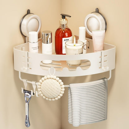 Voldra Corner Shower Caddy Suction Cup, Aluminum Corner Shower Shelves for Wall No Drilling, Large Suction Cup Shower Organizer with Towel Bar & Hooks Removable Bathroom Storage(2 Pack-Cream White)