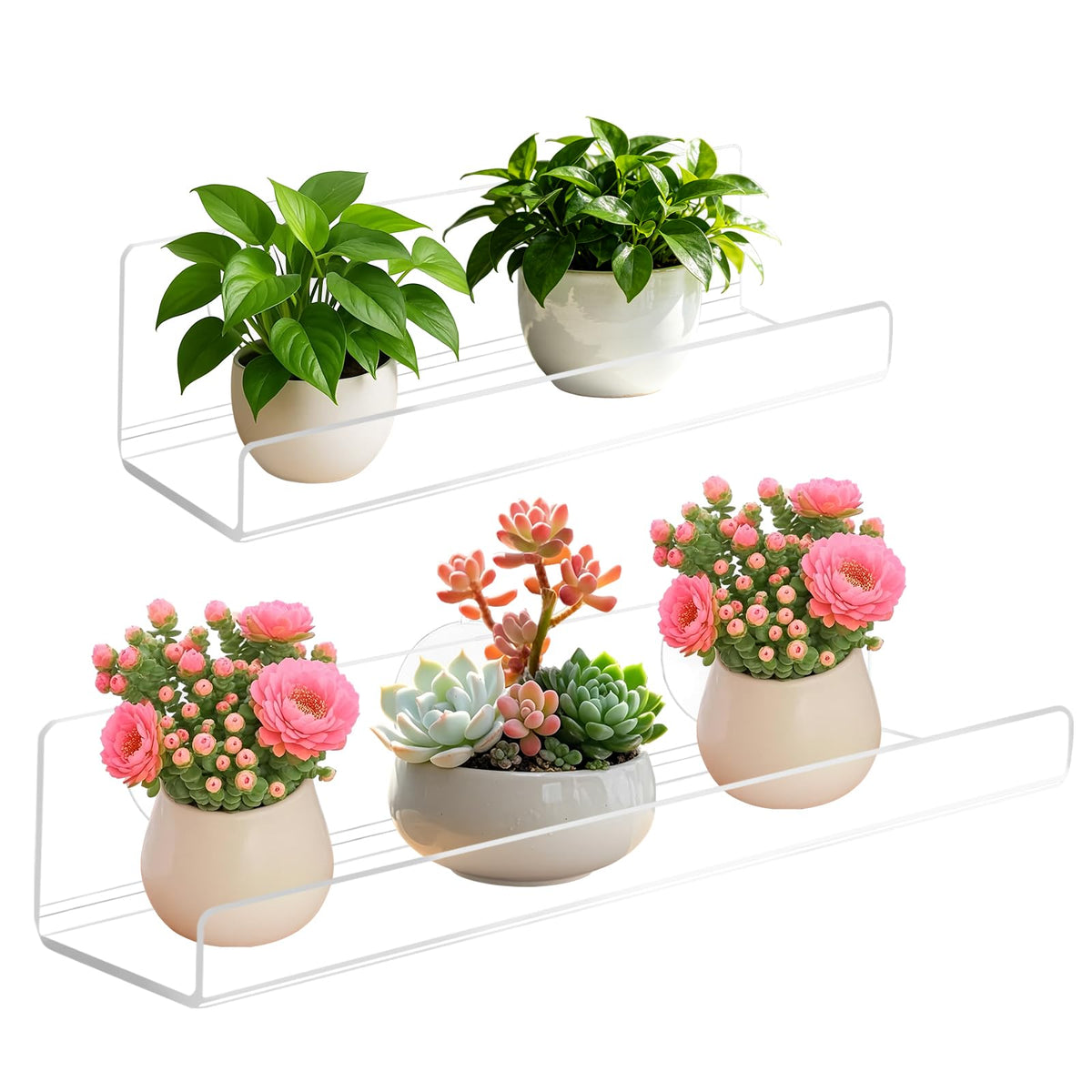 2 Pack Window Plant Shelves, 9 Inch Acrylic Suction Cup Shelf, Window Sill Extender for Indoor Succulents, Herb Planters, Micro Greens, Bathroom Organizer