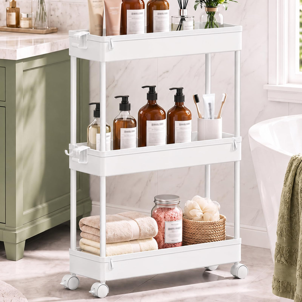 SPACEKEEPER Slim Rolling Storage Cart, 3 Tier Bathroom Cart Organizer,White