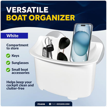 Five Oceans Boat Caddy Organizer with Suction Cup Mount, White ABS Plastic, Marine Storage for Pontoon, Fishing Boat, Kayak - FO4898
