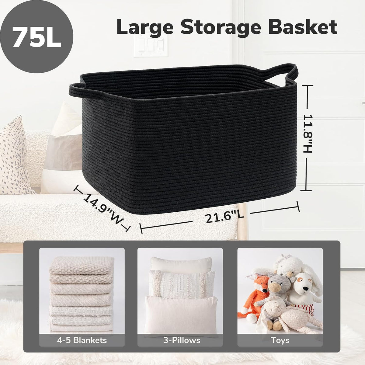 Goodpick Large Woven Rope Blanket Basket, Rectangle, Black, 75L