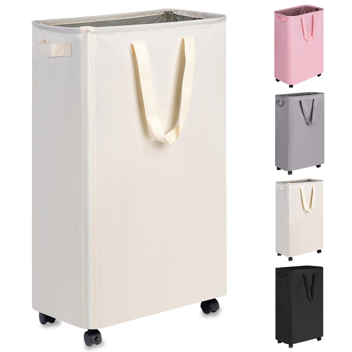 efluky Slim Laundry Hamper with Wheels, Rolling Laundry Basket for Clothes, Small Laundry Basket for Bedroom, Dorm and Laundry Room, 60L Beige