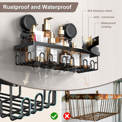 JOTPE Shower Caddy Suction Cup, Powerful Suction Storage Shelf Holds Up to 40 lbs, No Drilling Bathroom Organizer with Large Capacity, Removable & Reusable Shower Basket with Hooks, Rustproof, Black