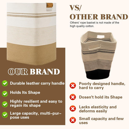 Laundry Hamper, 85L Tall Laundry Basket with Leather Handles, Rectangle Large Clothes Hamper for Organizing, Cotton Woven Laundry Baskets Storage Hampers for Bedroom, Nursery, Living Room