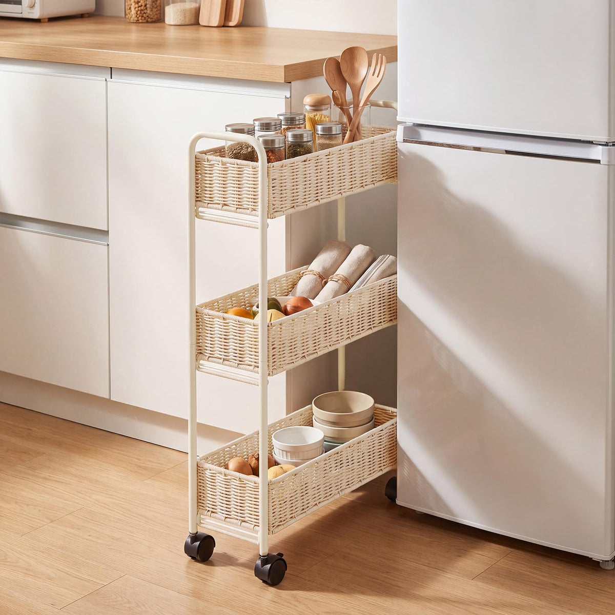 FOCHIER F Utility Slim Storage Cart,3-Tier Rolling Kitchen Office Laundry Room Cart,Mobile Shelving Unit Organizer for Living Room Bathroom Baby Diaper Narrow Places (Natural, 3 Tiers-7.1 inch (W))