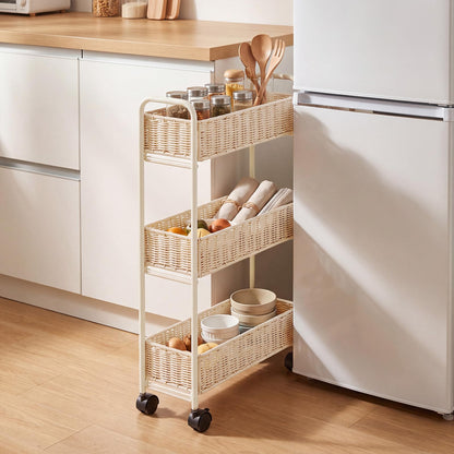 FOCHIER F Utility Slim Storage Cart,3-Tier Rolling Kitchen Office Laundry Room Cart,Mobile Shelving Unit Organizer for Living Room Bathroom Baby Diaper Narrow Places (Natural, 3 Tiers-7.1 inch (W))