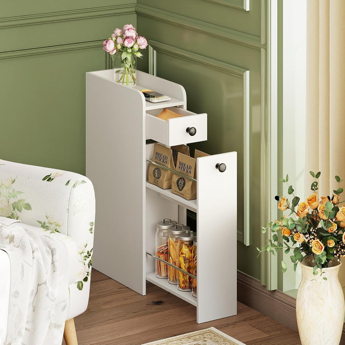 LOKO Slim Bathroom Storage Cabinet, 7" Narrow Storage Unit (White)
