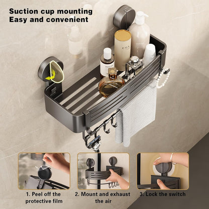 VOLPONE Shower Caddy Suction Shower Shelf No Drilling Shower Organizer Suction Cup Shower Storage Rack Aluminum Wall Mounted Shampoo Holder with Towel Bar Hooks (2-Pack, Matte Gray)