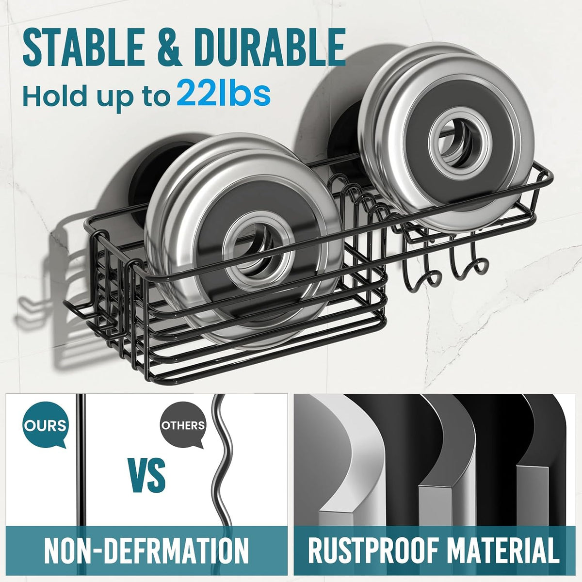 TAILI Shower Caddy Suction Cup with Hooks and Soap holder, Black