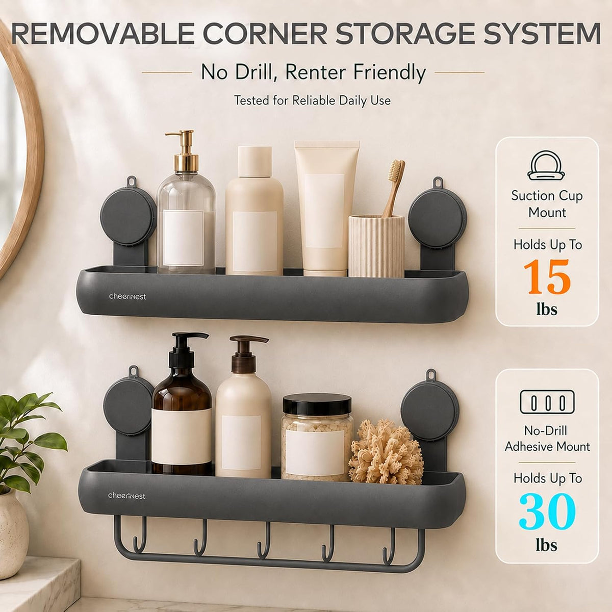Shower Caddy Suction Cup, Removable Shower Organizer Shelf,2 Pack