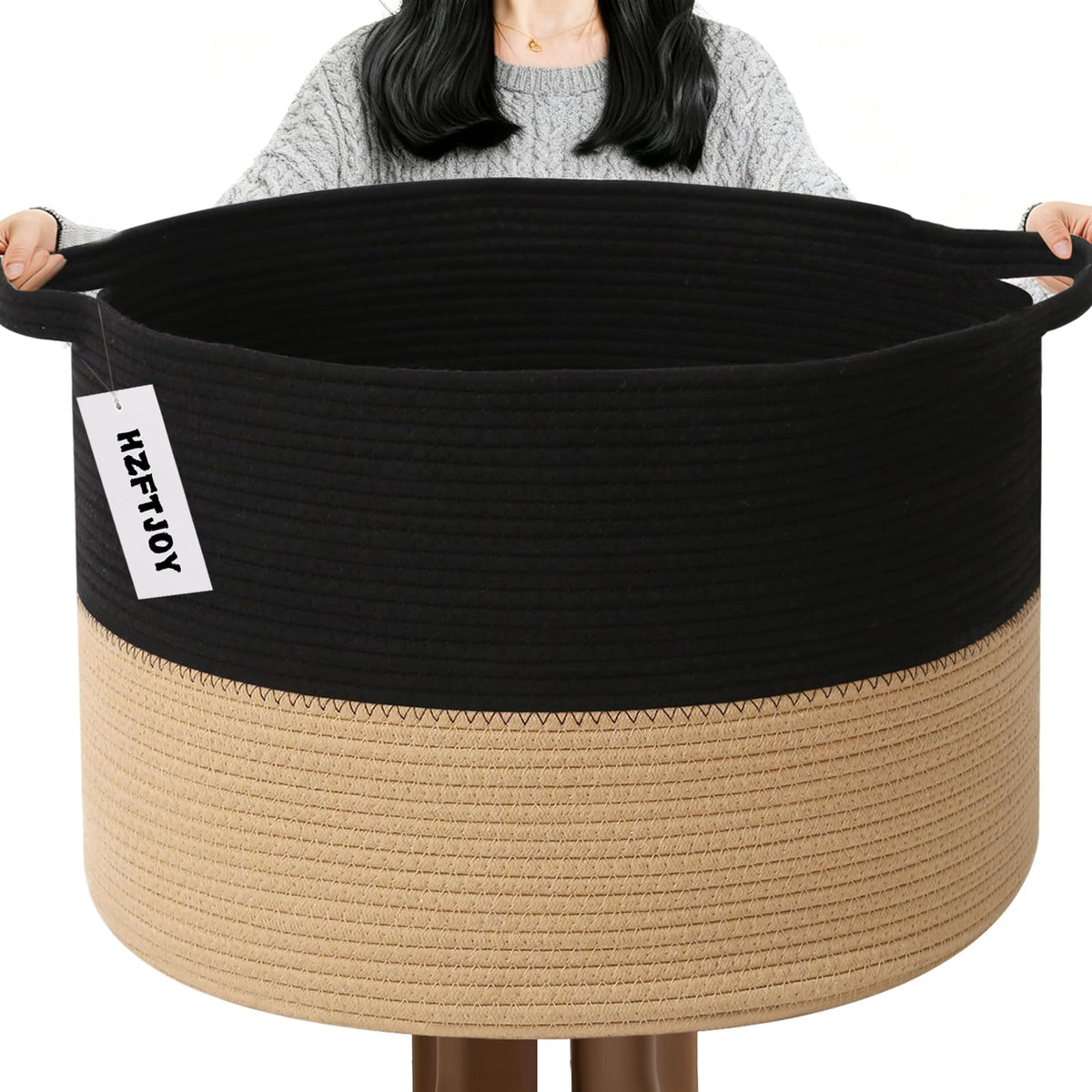Large Woven Blanket Basket,65L Cotton Rope Laundry Basket