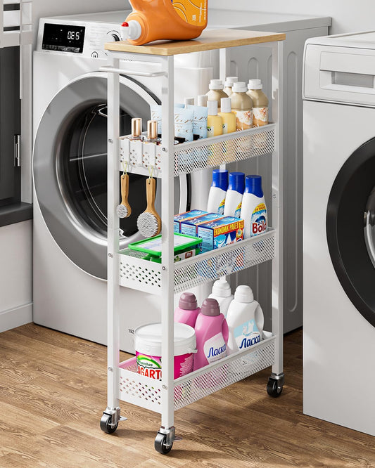 Giwil Slim Rolling Storage Cart 4 Tier Bathroom Organizer Mobile Shelving Unit Utility Cart with Wood Top and Handle for Kitchen Laundry Narrow Places, White