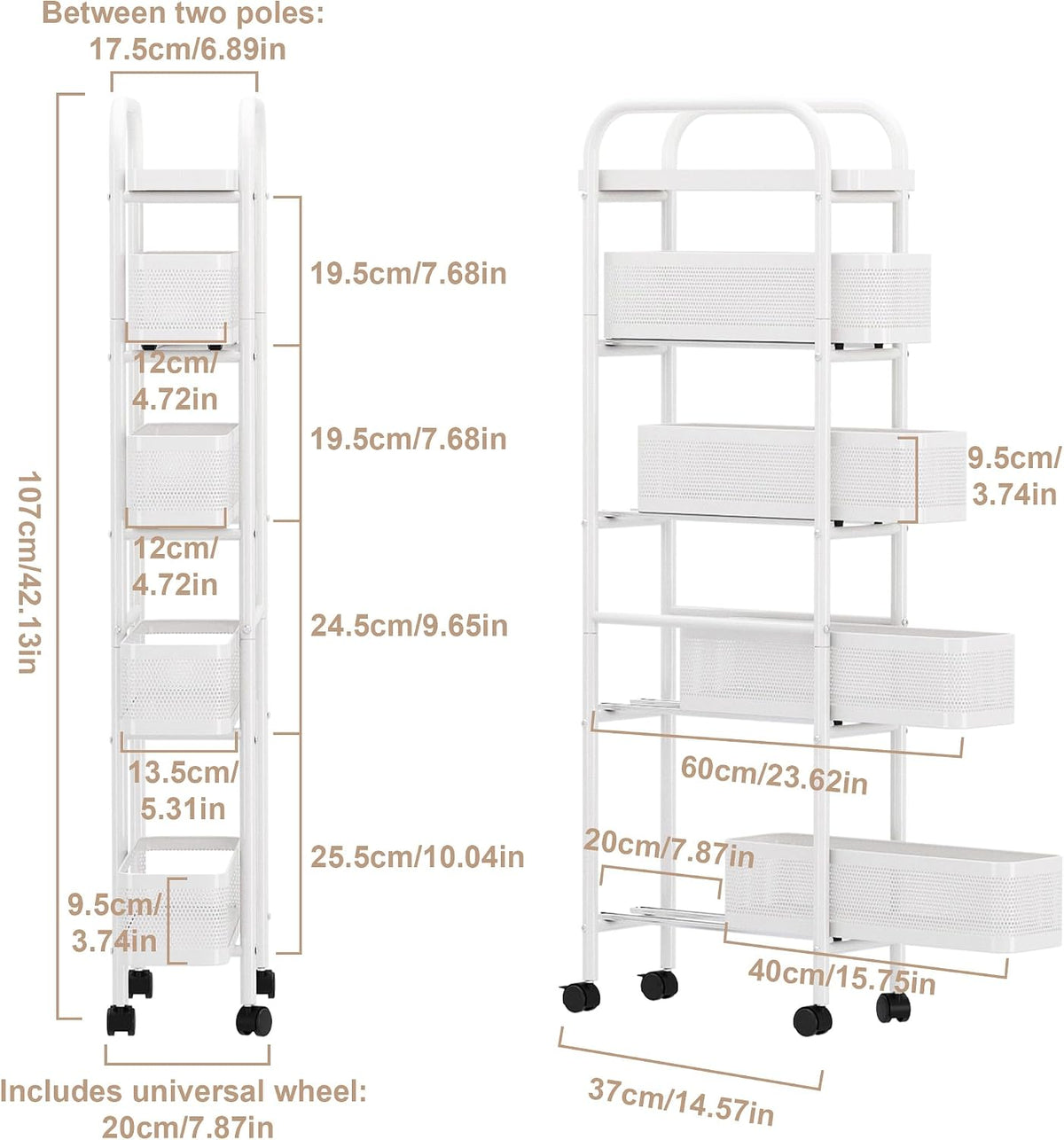 UMDONX 5-Tier Narrow Mobile Storage Cart with Pull-Out Baskets