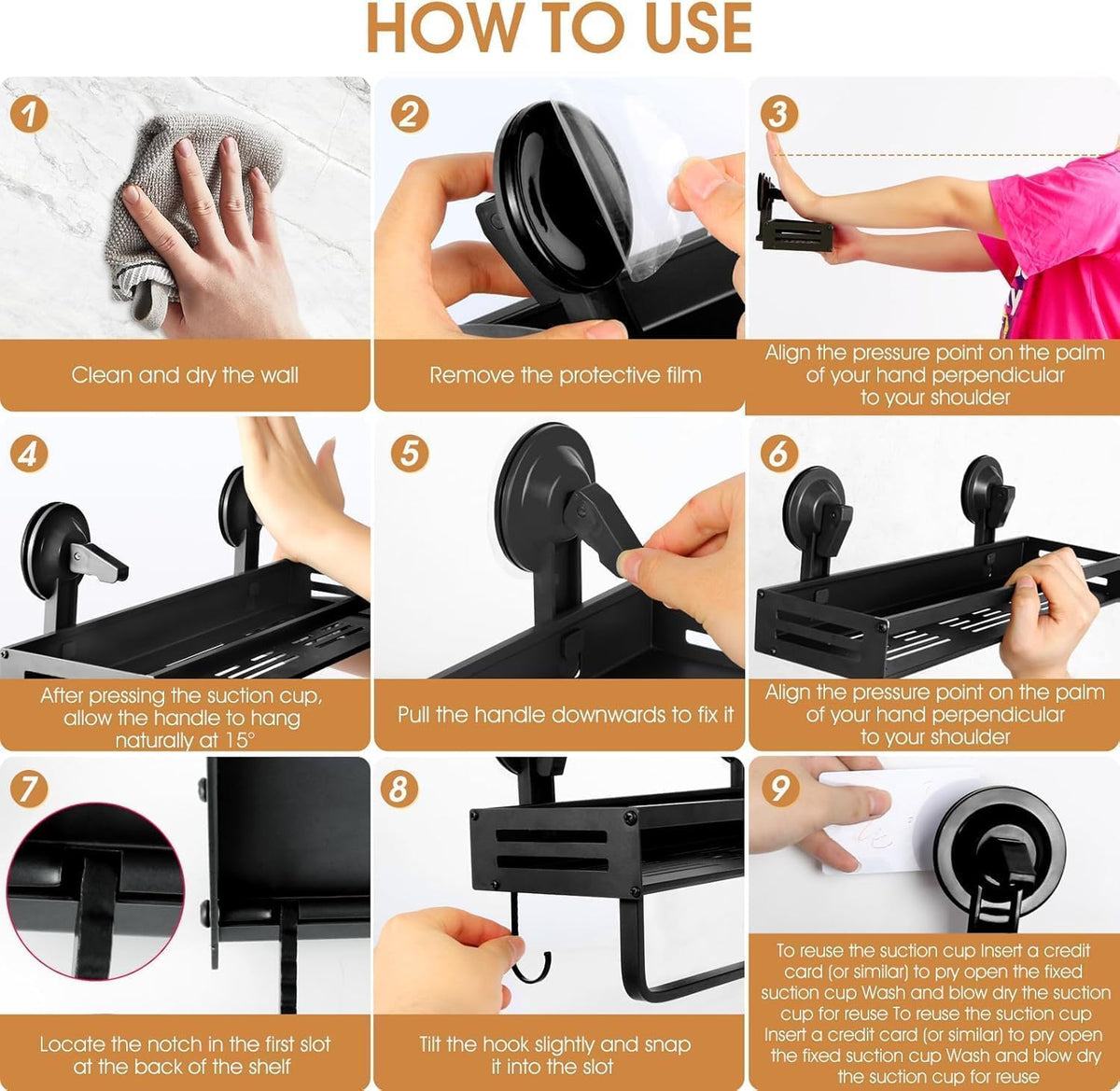 Suction Cup Shower Caddy with 5 Hooks & Towel Rrack 11.8inch Black