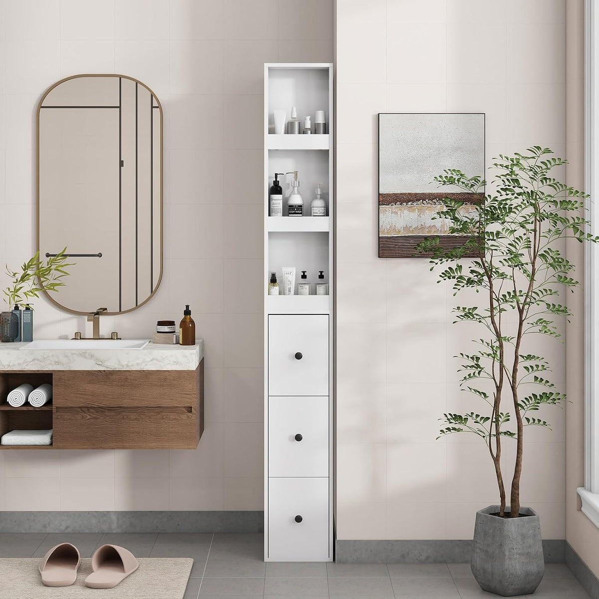 ARTETHYS Tall Narrow Bathroom Storage Cabinet with Side Rack & Drawers