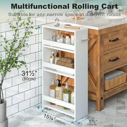 MARTY Slim Rolling Storage Cart, Wood Utility Kitchen Bathroom Laundry Cart