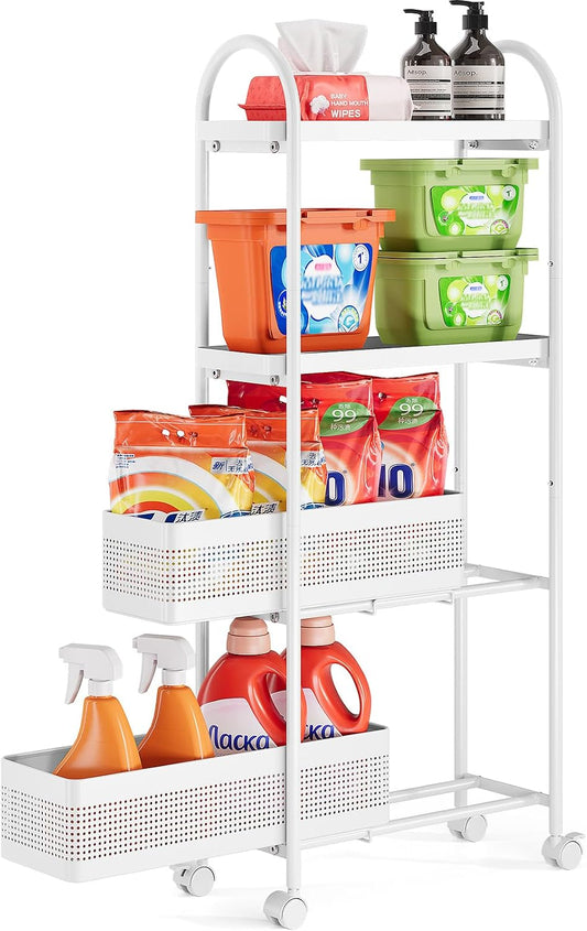 KINGRACK 4 Tier Slim Rolling Cart with Drawer, Metal Utility Storage Cart