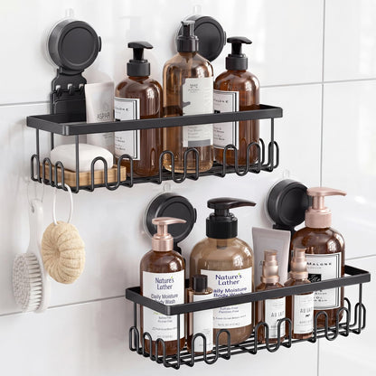 JOTPE Shower Caddy Suction Cup, Powerful Suction Storage Shelf Holds Up to 40 lbs, No Drilling Bathroom Organizer with Large Capacity, Removable & Reusable Shower Basket with Hooks, Rustproof, Black