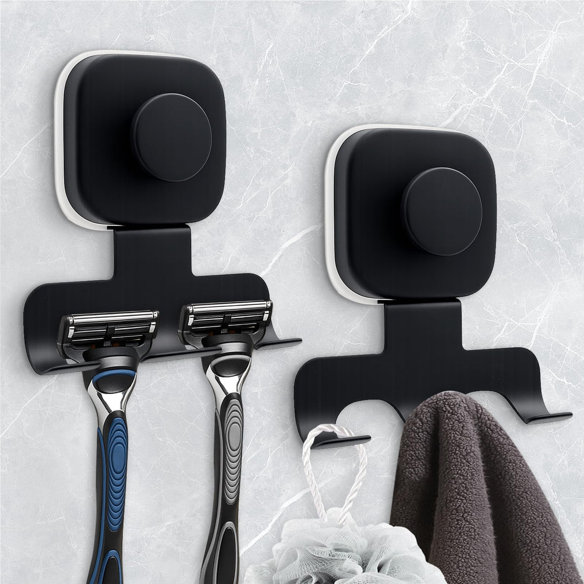 Suction Cup Razor Holder for Shower,Heavy-Duty 7KG Suction Hooks for Razor,Towel,Loofah,Removable Damage-Free Metal Shower Hook,Shaver Holder,2 Pack(Brushed Silver)