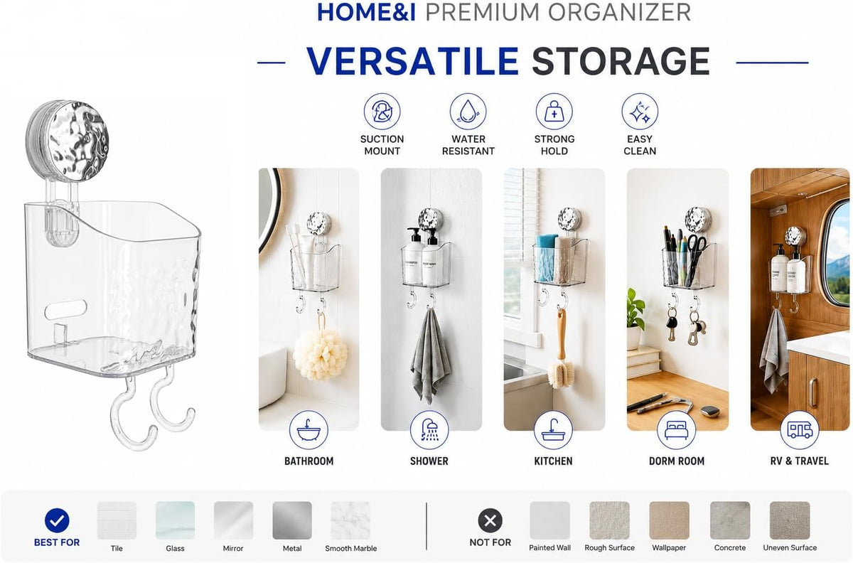 HOME&I Clear Suction Cup Toothbrush Holder for Shower Wall, Twist-to-Lock Drill-Free Bathroom Organizer with 2 Hooks, Self-Draining Wall Storage for Toothpaste, Razor & Accessories