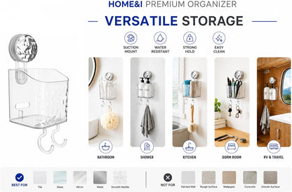 HOME&I Clear Suction Cup Toothbrush Holder for Shower Wall, Twist-to-Lock Drill-Free Bathroom Organizer with 2 Hooks, Self-Draining Wall Storage for Toothpaste, Razor & Accessories