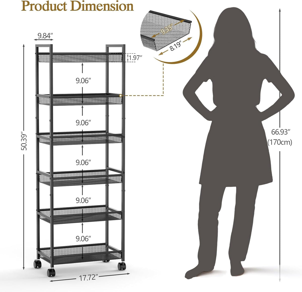 6 Tier Slim Rolling Storage Cart, Narrow Mobile Shelving Unit Organizer Utility Cart with Wheels, Metal Wire Storage Rack with Baskets for Kitchen, Bathroom, Laundry & Living Room, 10in(W) Black