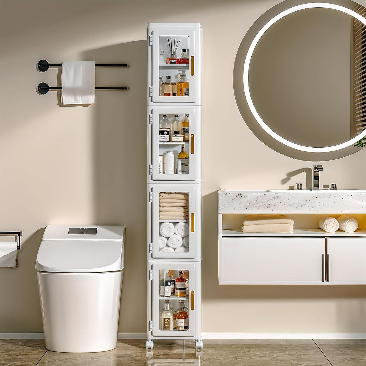 VECELO 4 Tier Tall Plastic Slim Storage Cabinet with Lockable Wheels, Adjustable Shelves, Anti-Tip for Bathroom, Living Room, Laundry Room, Kitchen, Narrow/Small Space, Easy Assembly, Clear