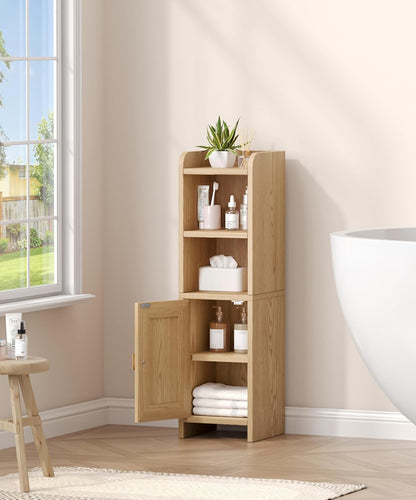 Akxomel Fluted Small Bathroom Storage Cabinet with 2 Open Shelves, Oak