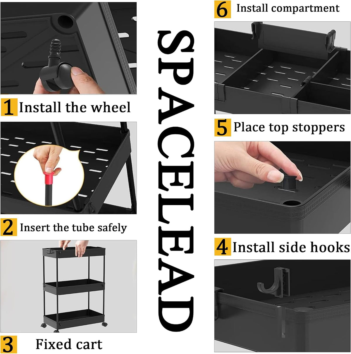 SPACELEAD Slim Storage Cart 3 Tier,Bathroom Organizer Rolling Utility,Mobile Shelving Unit Slide Out for Office, Kitchen, Laundry Room & Narrow Places,Black