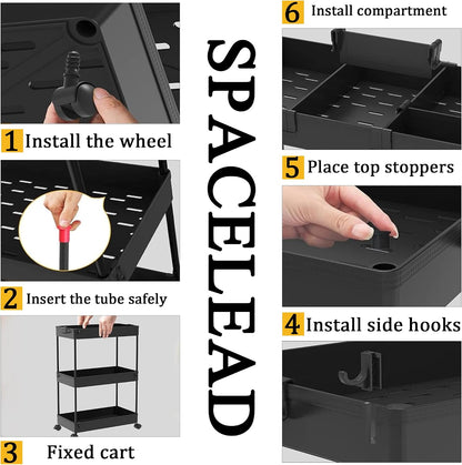 SPACELEAD Slim Storage Cart 3 Tier,Bathroom Organizer Rolling Utility,Mobile Shelving Unit Slide Out for Office, Kitchen, Laundry Room & Narrow Places,Black