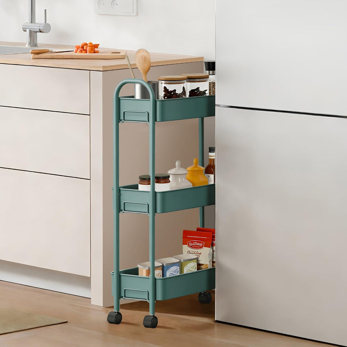 Slim Rolling Cart, Metal Frame Utility Rolling 3-Tier Narrow Storage Cart